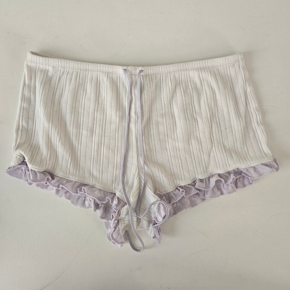 Victoria Secret Pajama Shorts Womens Small White Lavender Ribbed Ruffle Lounge‎